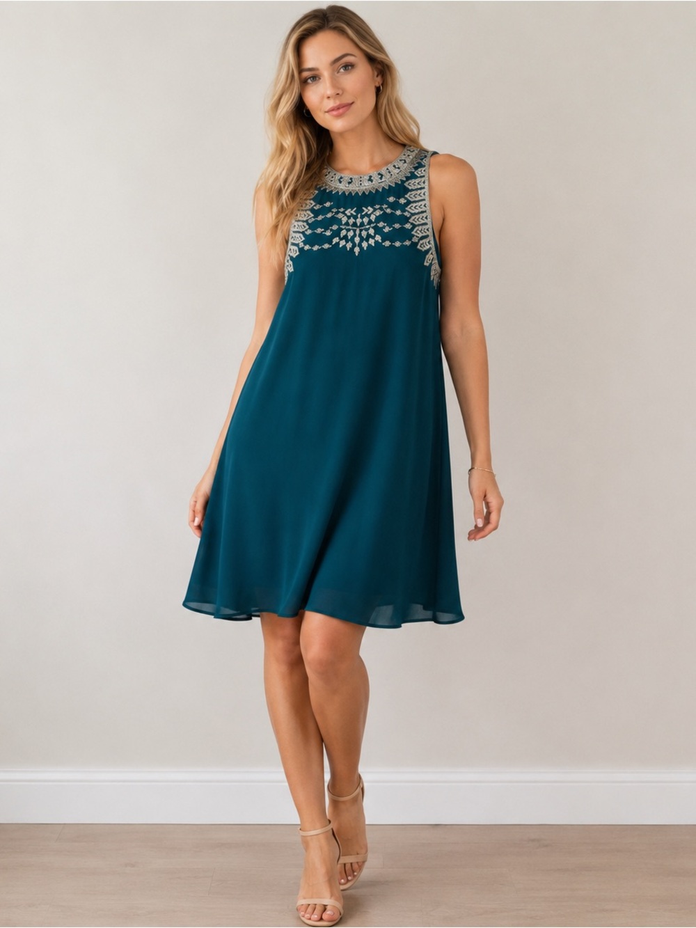 Altar’d State Teal Embroidered Sleeveless Shift Dress XS Boho Mini Dress